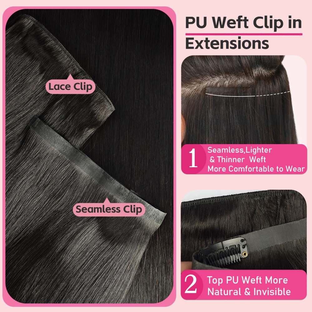 #1B 6Pcs Straight Clip in Hair Extensions Real Human Hair PU Seamless Clip ins Natural Black 110G RXHAIR