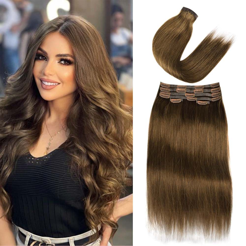 #4 Chocolate Brown Straight Clip in Hair Extensions Real Human Hair PU Seamless Clip ins 6Pcs 110G RXHAIR