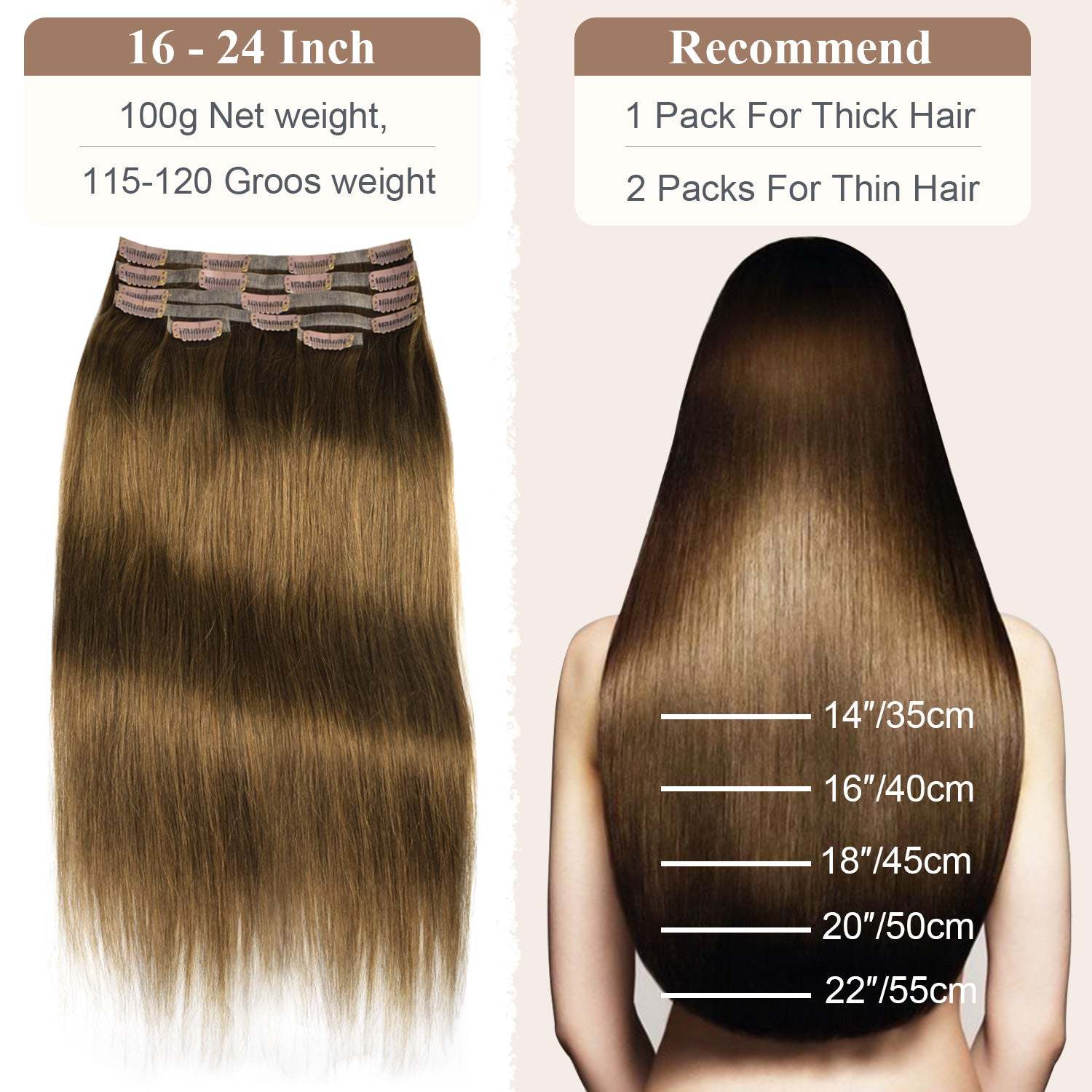 #4 Chocolate Brown Straight Clip in Hair Extensions Real Human Hair PU Seamless Clip ins 6Pcs 110G RXHAIR