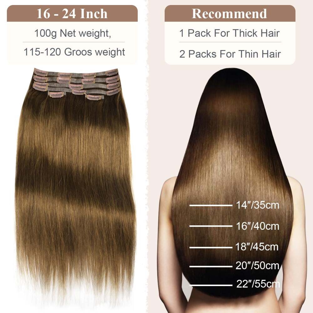 #4 Chocolate Brown Straight Clip in Hair Extensions Real Human Hair PU Seamless Clip ins 6Pcs 110G RXHAIR