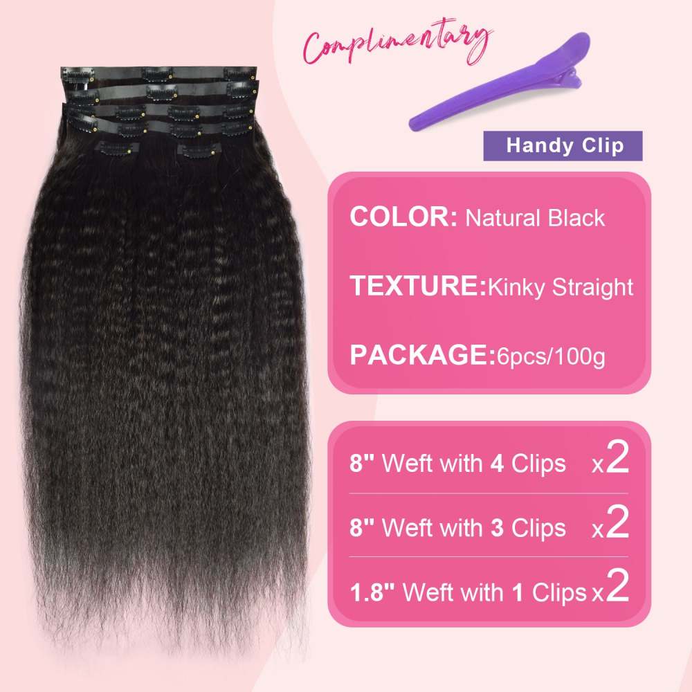 #1B 6Pcs Kinky Straight Clip in Hair Extensions Real Human Hair PU Seamless Clip ins Natural Black 110G RXHAIR