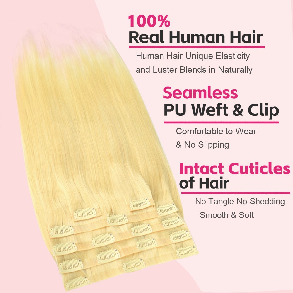 #613 Straight Clip in Hair Extensions Real Human Hair PU Seamless Clip ins 6Pcs 110G RXHAIR