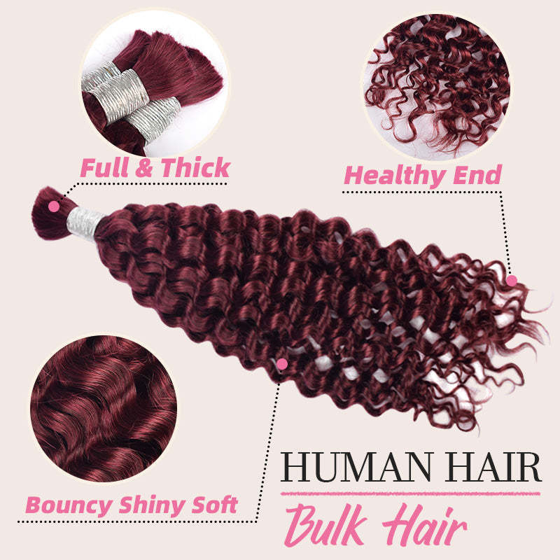 #99J Deep Wave Burgundy Red Boho Braids No Weft Bulk Hair for Human Hair RXHAIR