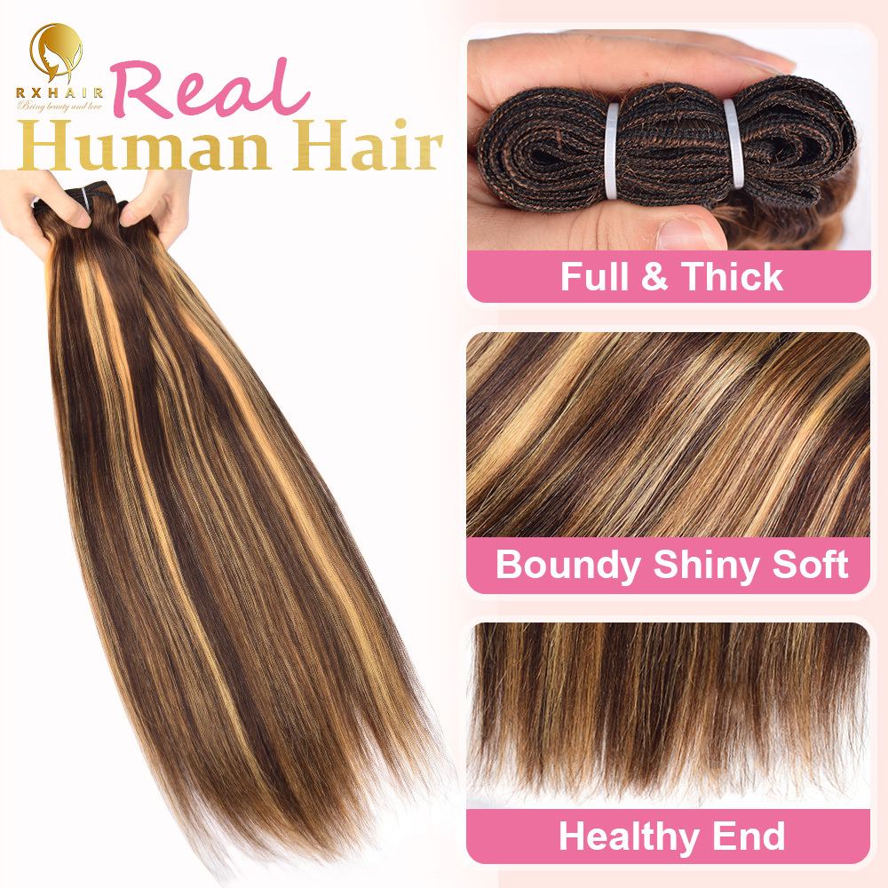 P4/27 Straight Hair 3 Bundles 100% Unprocessed Brazilian Virgin Human Hair Weave Bundles for Black Women RXHAIR