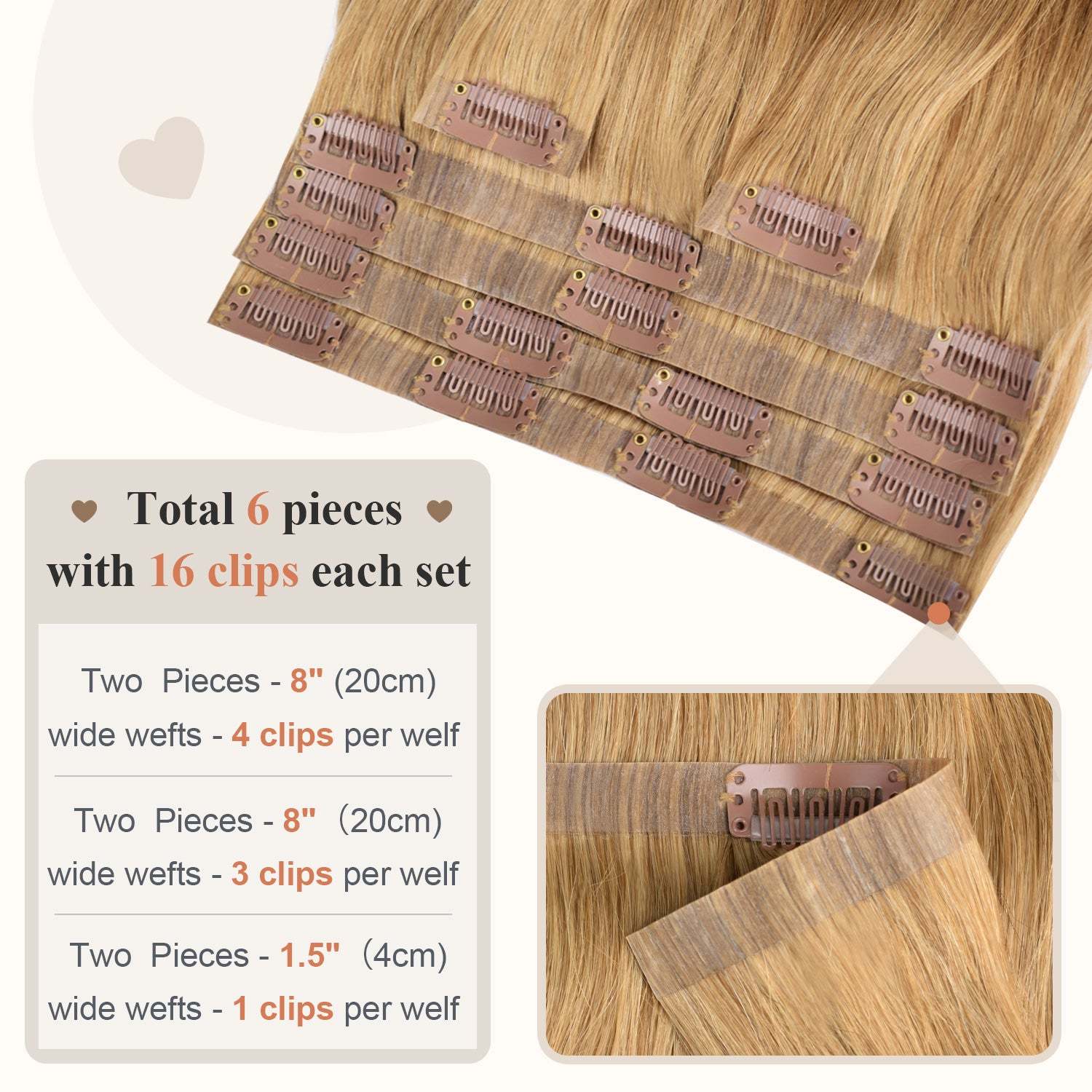 #12 Strawberry Blonde Straight Clip in Hair Extensions Real Human Hair PU Seamless Clip ins 6Pcs 120G RXHAIR