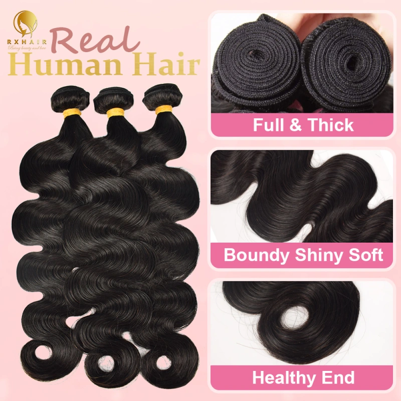 #1B Body Wave Human Hair Bundles Virgin Hair 100% Unprocessed Weave Bundles Human Hair Double Weft RXHAIR