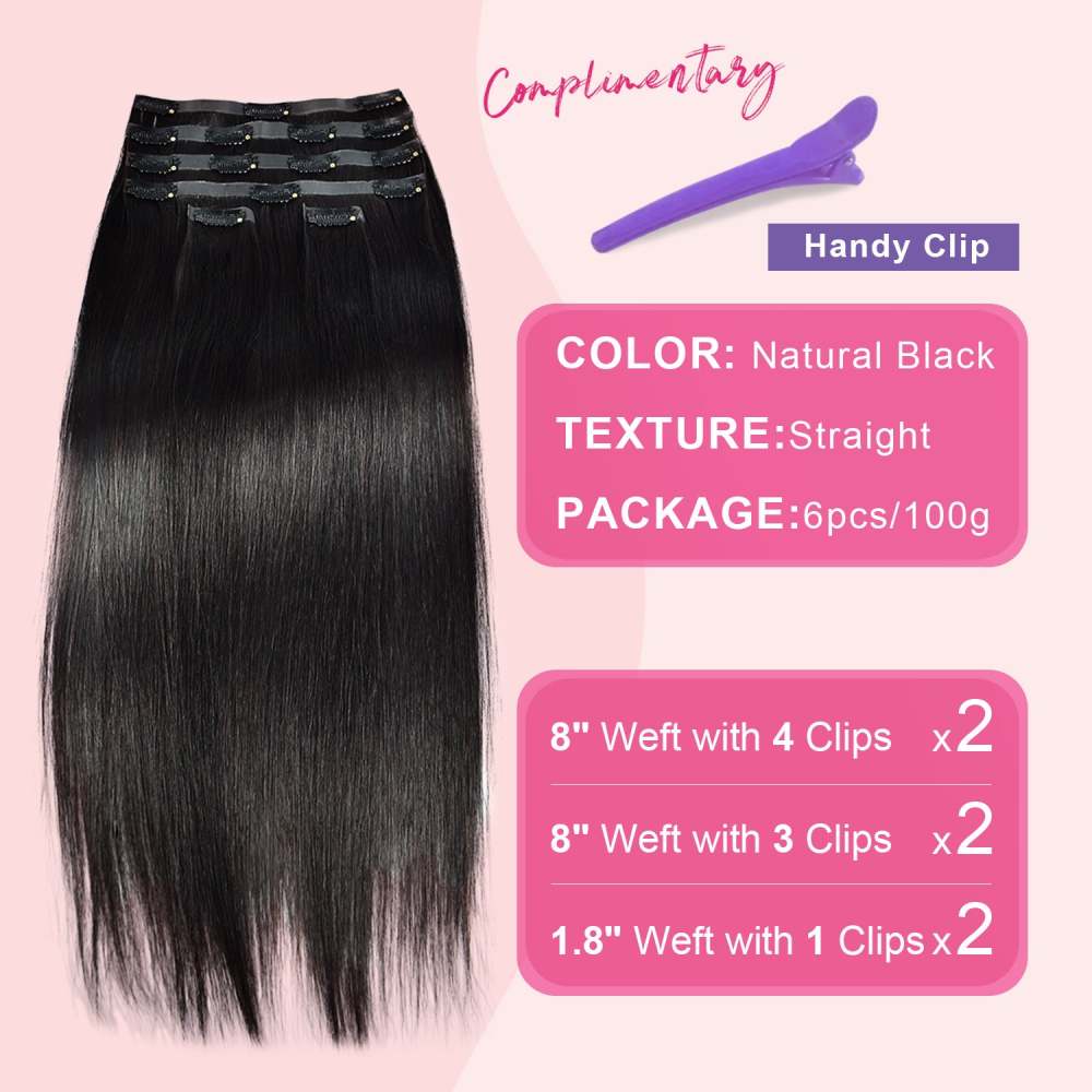 #1B 6Pcs Straight Clip in Hair Extensions Real Human Hair PU Seamless Clip ins Natural Black 110G RXHAIR
