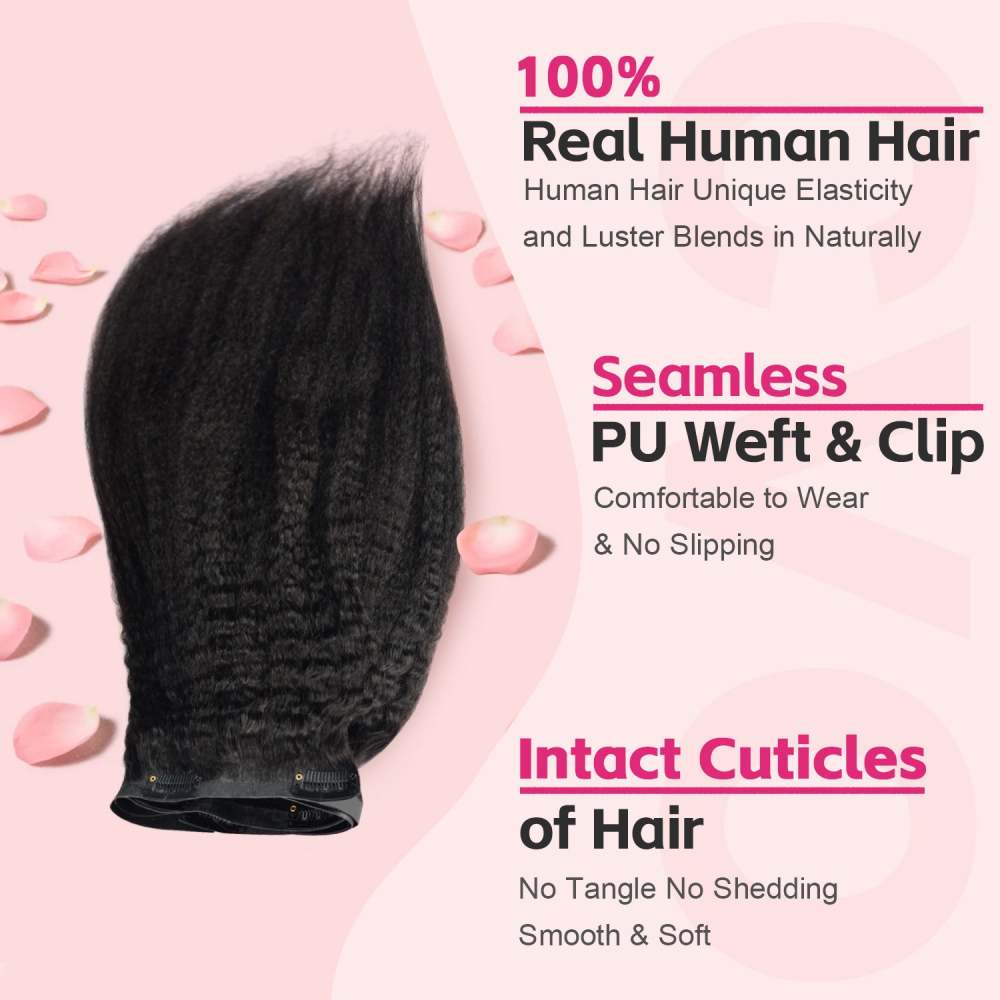 #1B 6Pcs Kinky Straight Clip in Hair Extensions Real Human Hair PU Seamless Clip ins Natural Black 110G RXHAIR