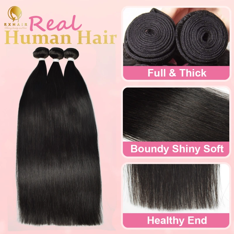 #1B Straight 14A Human Hair Bundles Virgin Hair 100% Unprocessed Weave Bundles Human Hair Double Weft RXHAIR