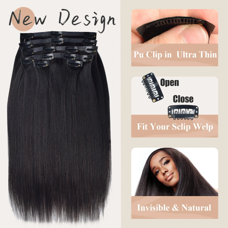 #1B 6Pcs Yaki Straight PU Seamless Clip ins Hair Extensions Real Human Hair 120G RXHAIR