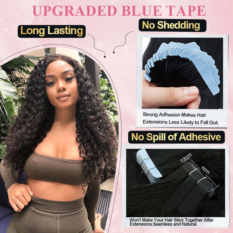 #1B Deep Curly Tape in Hair Extensions Human Hair 20pcs 50g/pack Seamless Skin Weft Hair RXHAIR