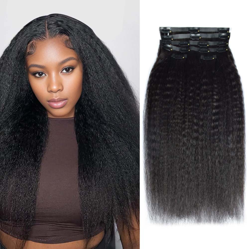 #1B 6Pcs Kinky Straight Clip in Hair Extensions Real Human Hair PU Seamless Clip ins Natural Black 110G RXHAIR