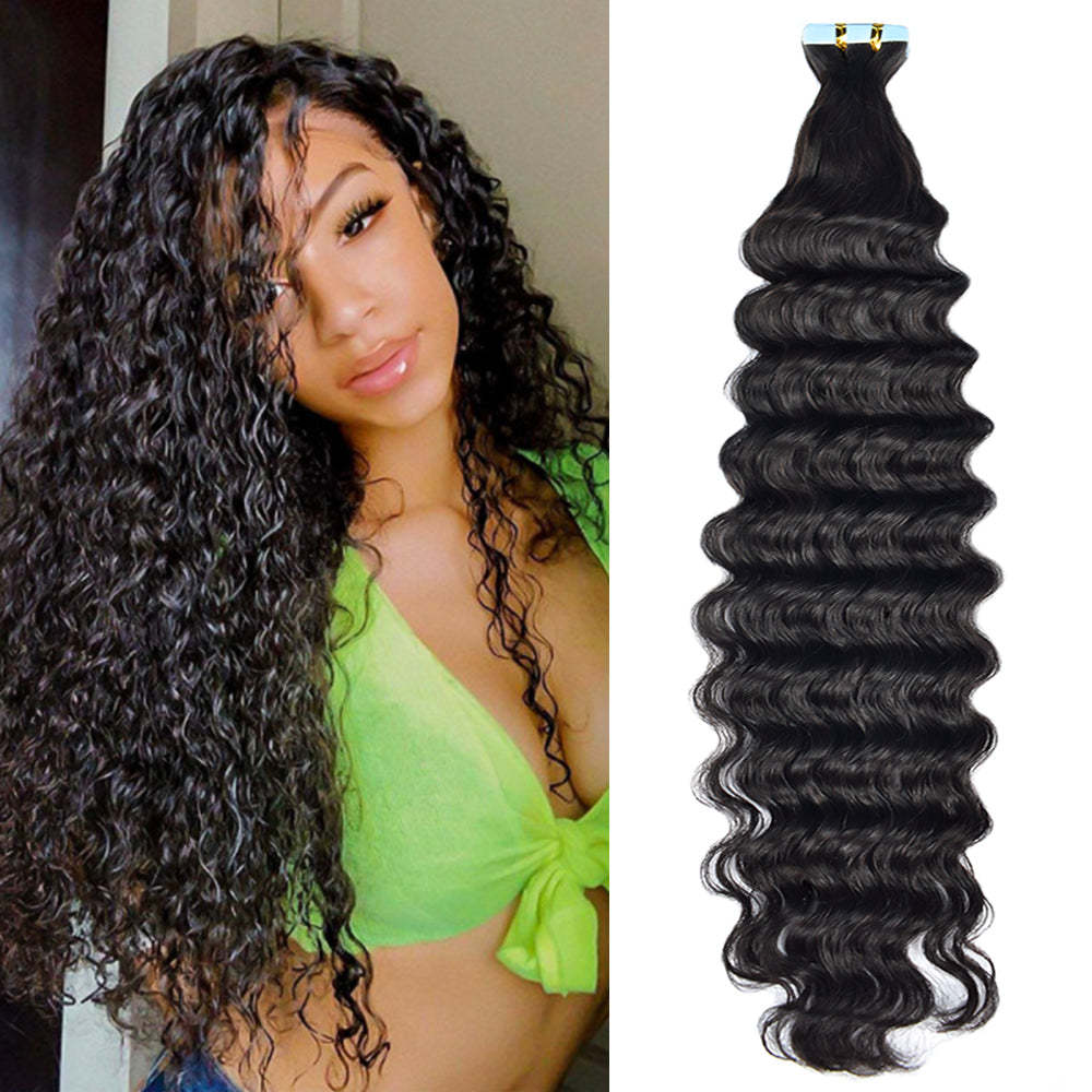 #1B Deep Wave Tape in Hair Extensions Human Hair 20pcs 50g/pack Seamless Skin Weft Hair RXHAIR
