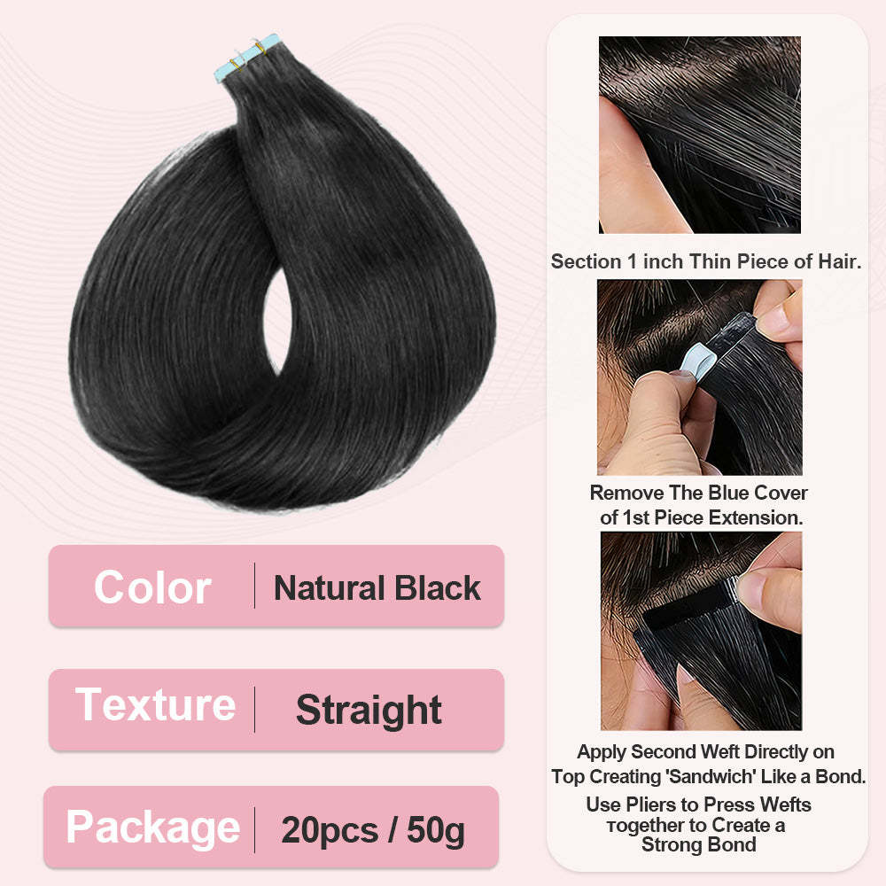 #1B Straight Tape in Hair Extensions Human Hair 20pcs 50g/pack Seamless Skin Weft Hair RXHAIR