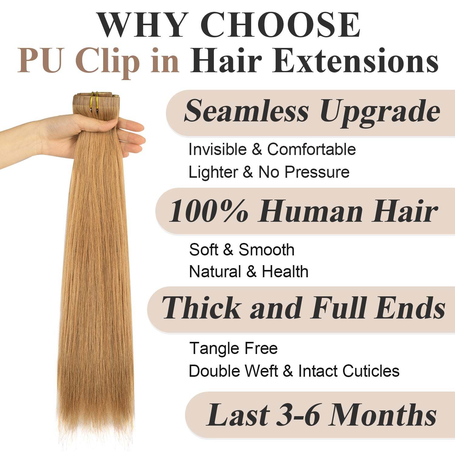 #12 Strawberry Blonde Straight Clip in Hair Extensions Real Human Hair PU Seamless Clip ins 6Pcs 120G RXHAIR