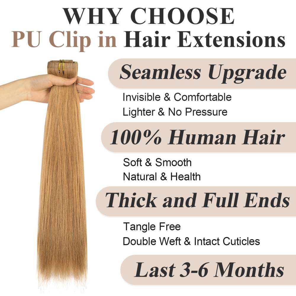 #12 Strawberry Blonde Straight Clip in Hair Extensions Real Human Hair PU Seamless Clip ins 6Pcs 120G RXHAIR