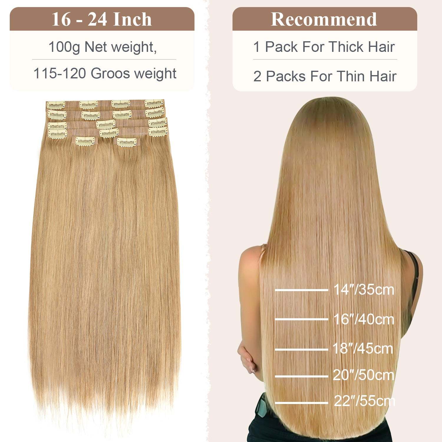 #18 Golden Blonde Straight Clip in Hair Extensions Real Human Hair PU Seamless Clip ins 6Pcs 110G RXHAIR
