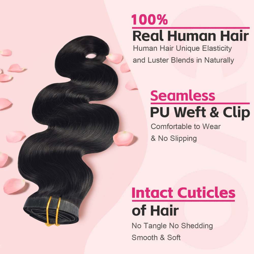 #1B 6Pcs Body Wave Clip in Hair Extensions Real Human Hair PU Seamless Clip ins Natural Black 110G RXHAIR