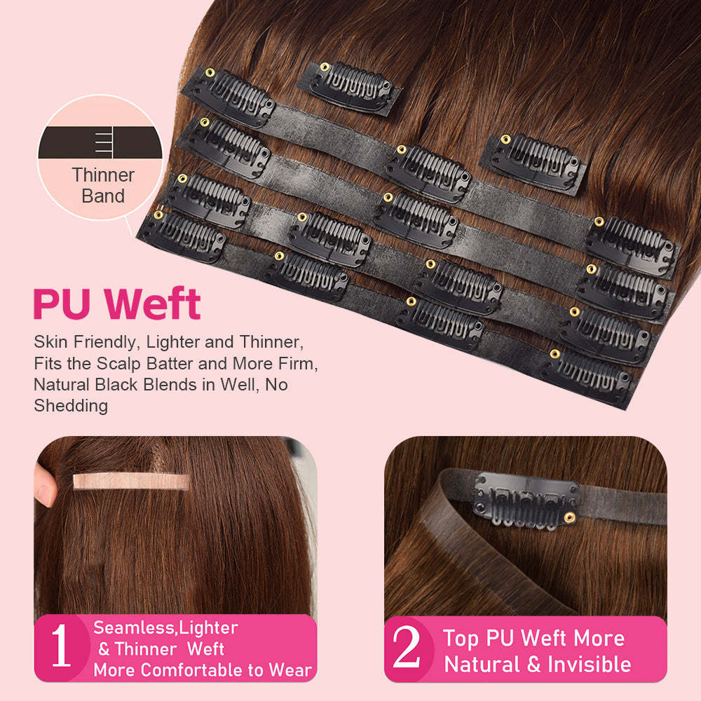 #8 Straight Clip in Hair Extensions Real Human Hair PU Seamless Clip ins 6Pcs 110G RXHAIR