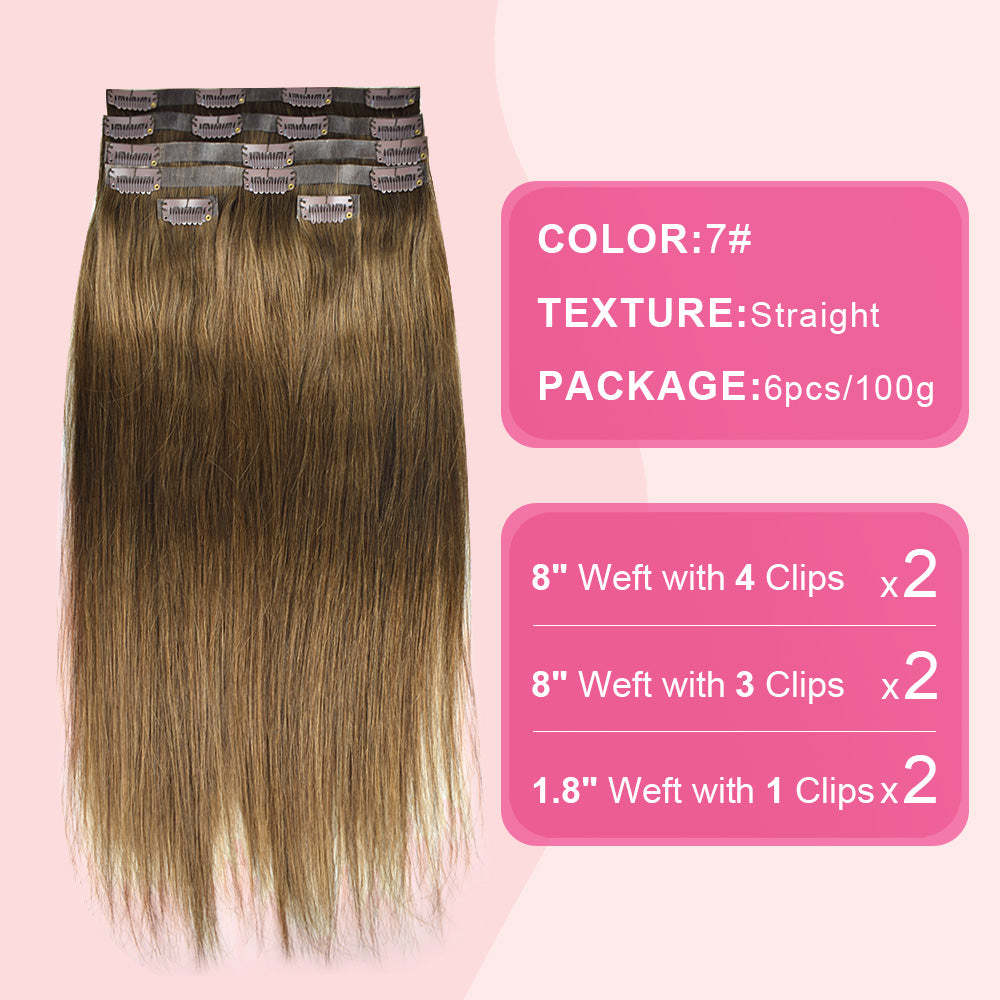 #7 Straight Clip in Hair Extensions Real Human Hair PU Seamless Clip ins 6Pcs 110G RXHAIR