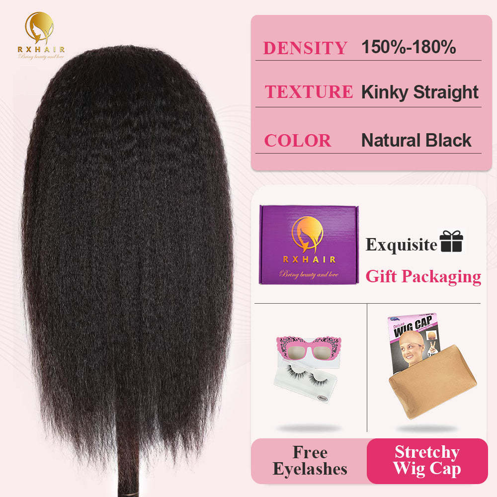 #1B Kinky Straight HD Lace Front Wigs Human Hair 200% Density Transparent Lace Frontal Wigs Pre Plucked With Baby Hair RXHAIR