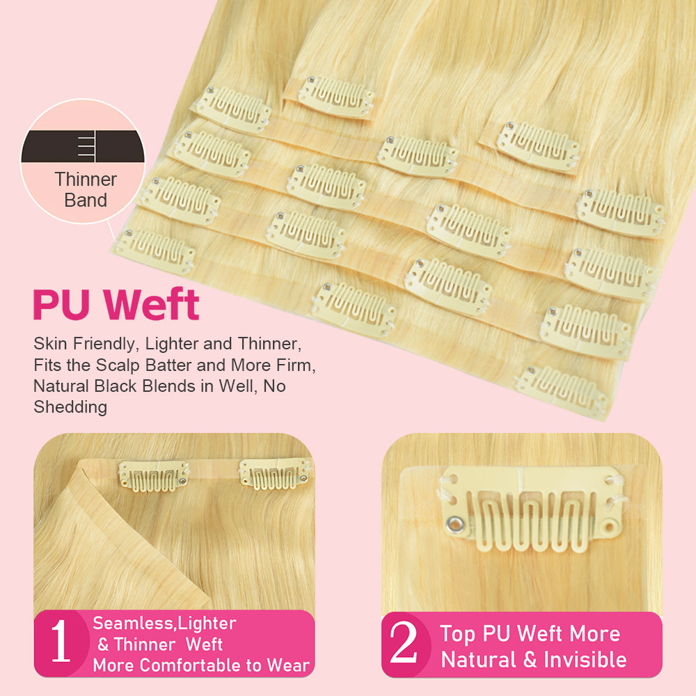 #613 Straight Clip in Hair Extensions Real Human Hair PU Seamless Clip ins 6Pcs 110G RXHAIR