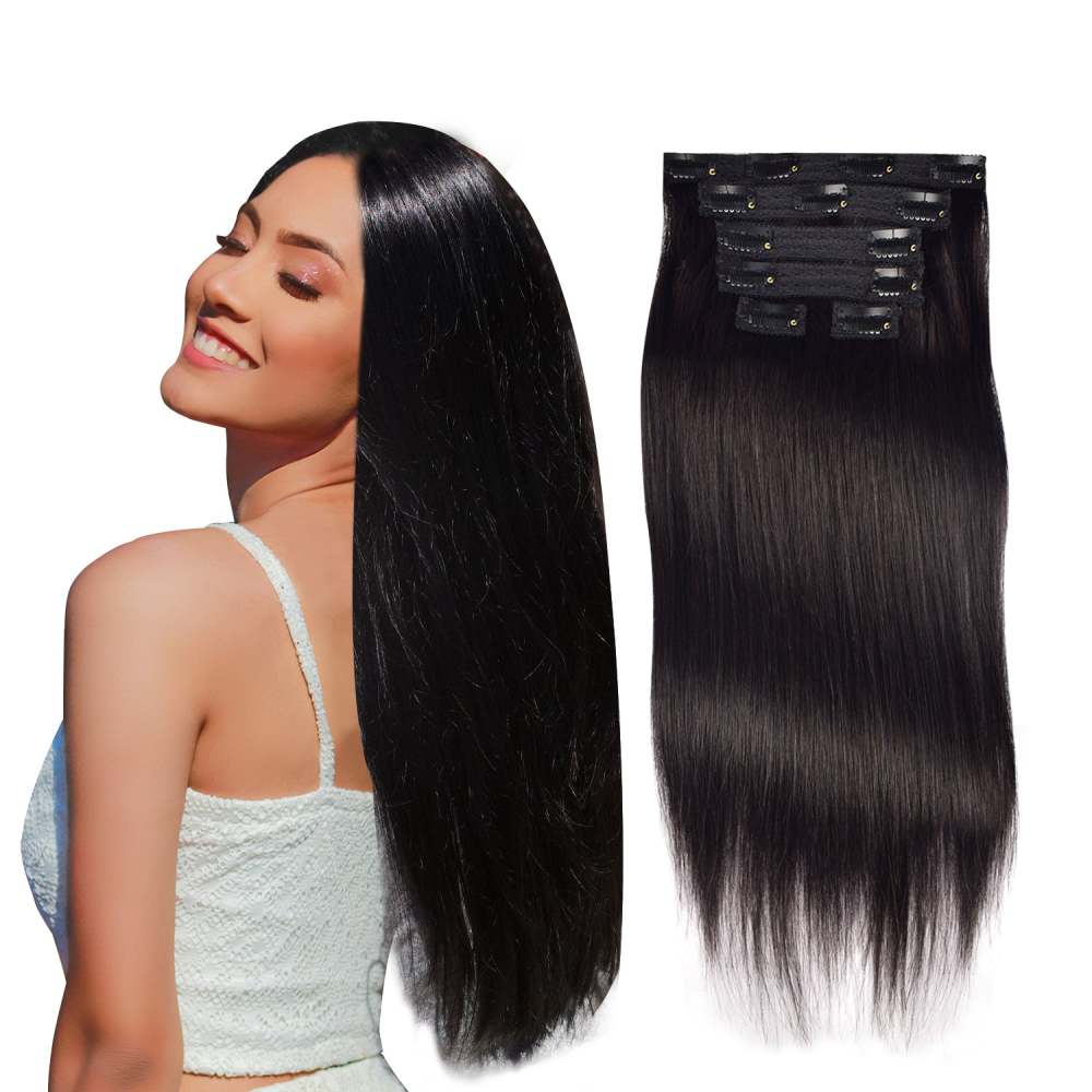 #1B 6Pcs Straight Clip in Hair Extensions Real Human Hair Invisible Lace Clip ins Natural Black 110G RXHAIR