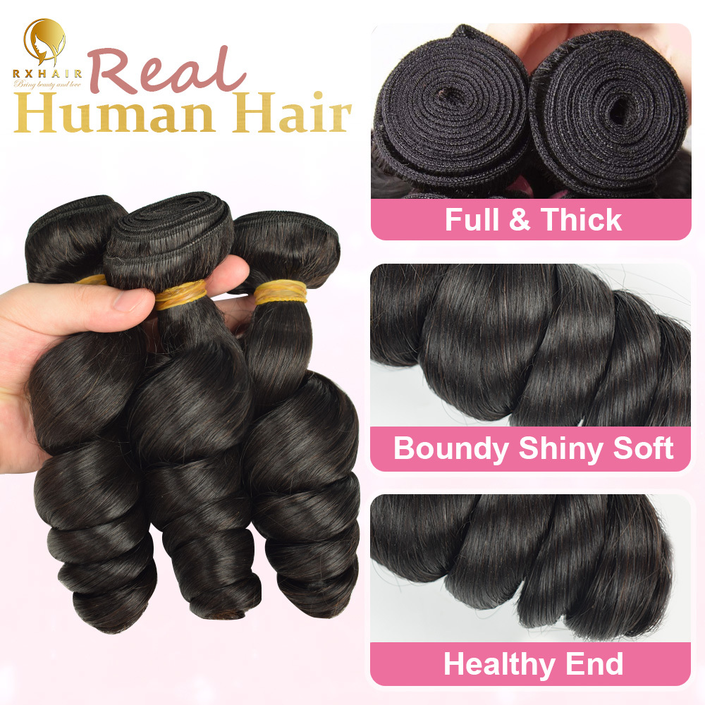 #1B Loose Wave Human Hair Weave 3 Bundles 100% Unprocessed Virgin Brazilian Remy Hair Bundles Natural Color RXHAIR