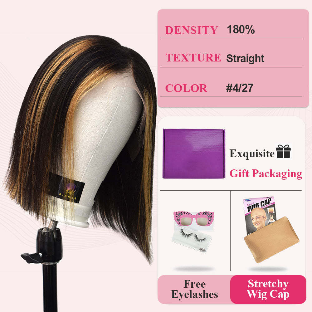#4/27 Straight Bob Wig HD Lace Front Wigs Human Hair 180% Density Transparent Lace Frontal Wigs Pre Plucked With Baby Hair RXHAIR