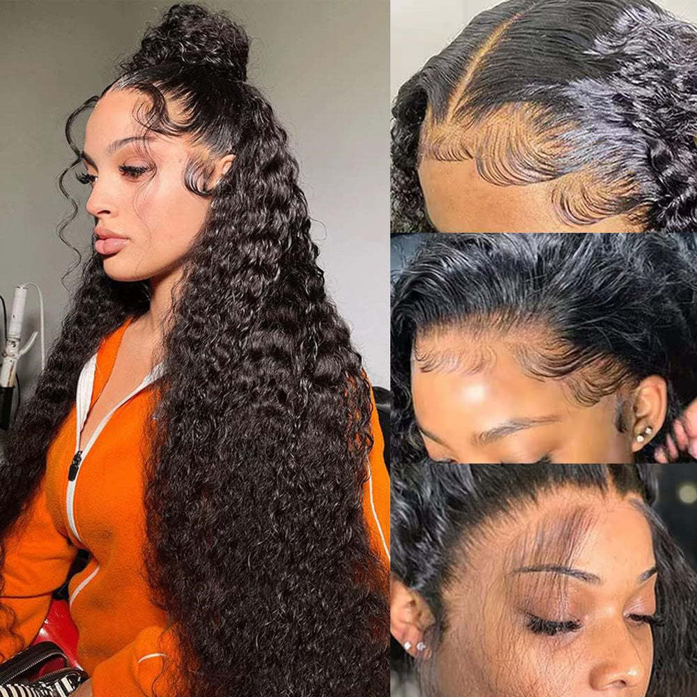 #1B Deep Wave HD Lace Front Wigs Human Hair 200% Density Transparent Lace Frontal Wigs Pre Plucked With Baby Hair RXHAIR
