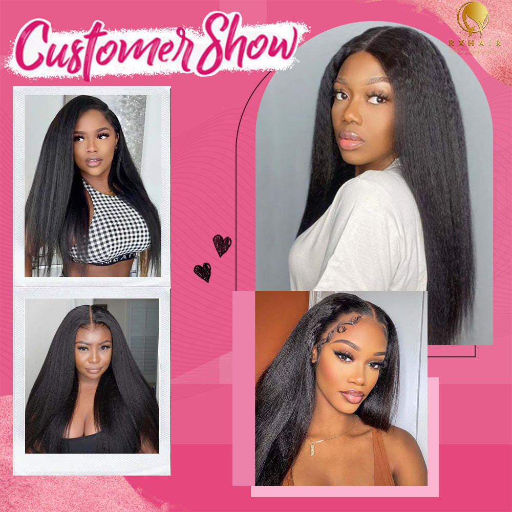 #1B Kinky Straight HD Lace Front Wigs Human Hair 200% Density Transparent Lace Frontal Wigs Pre Plucked With Baby Hair RXHAIR
