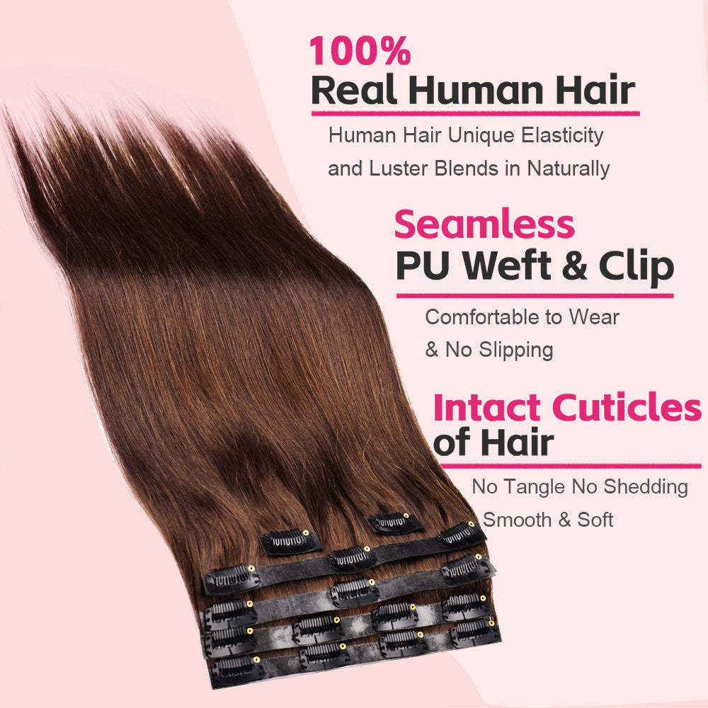 #8 Straight Clip in Hair Extensions Real Human Hair PU Seamless Clip ins 6Pcs 110G RXHAIR