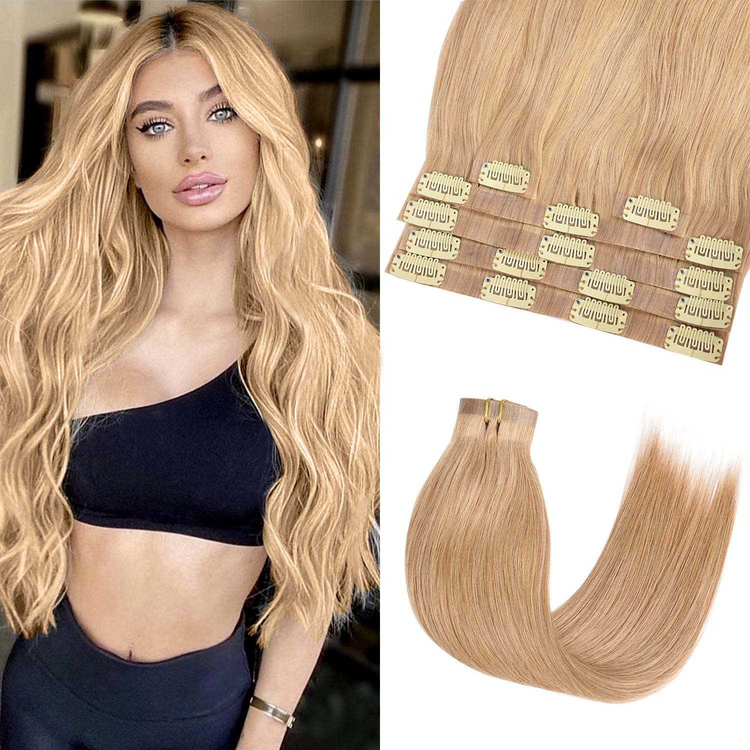 #18 Golden Blonde Straight Clip in Hair Extensions Real Human Hair PU Seamless Clip ins 6Pcs 110G RXHAIR