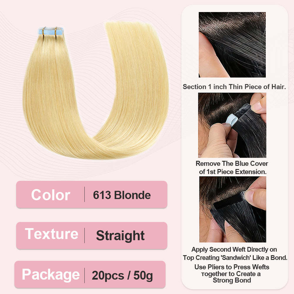 #613 Blonde Straight Tape in Hair Extensions Human Hair 20pcs 50g/pack Seamless Skin Weft Hair RXHAIR