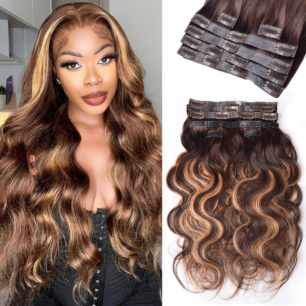 #P4/27/T4 Body Wave Clip in Hair Extensions Real Human Hair PU Seamless Clip ins 6Pcs 120G RXHAIR