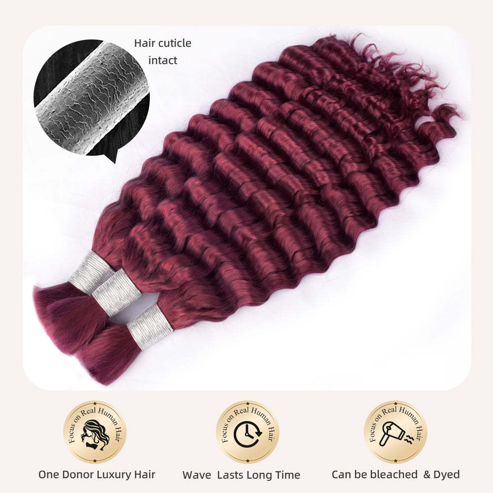 #BUG Burgundy Red Boho Braids Deep Wave No Weft Bulk Hair for Human Hair RXHAIR