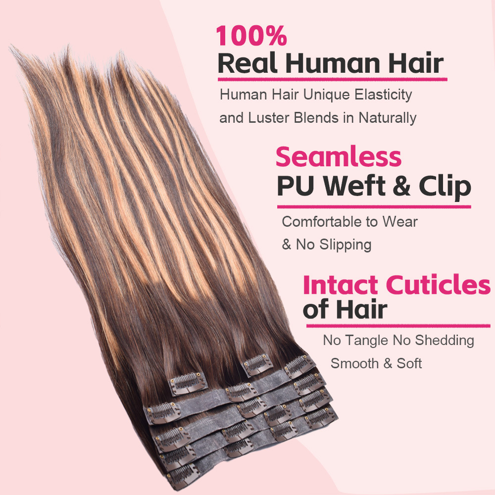 #P4/27/T4 Straight Clip in Hair Extensions Real Human Hair PU Seamless Clip ins 6Pcs 120G RXHAIR