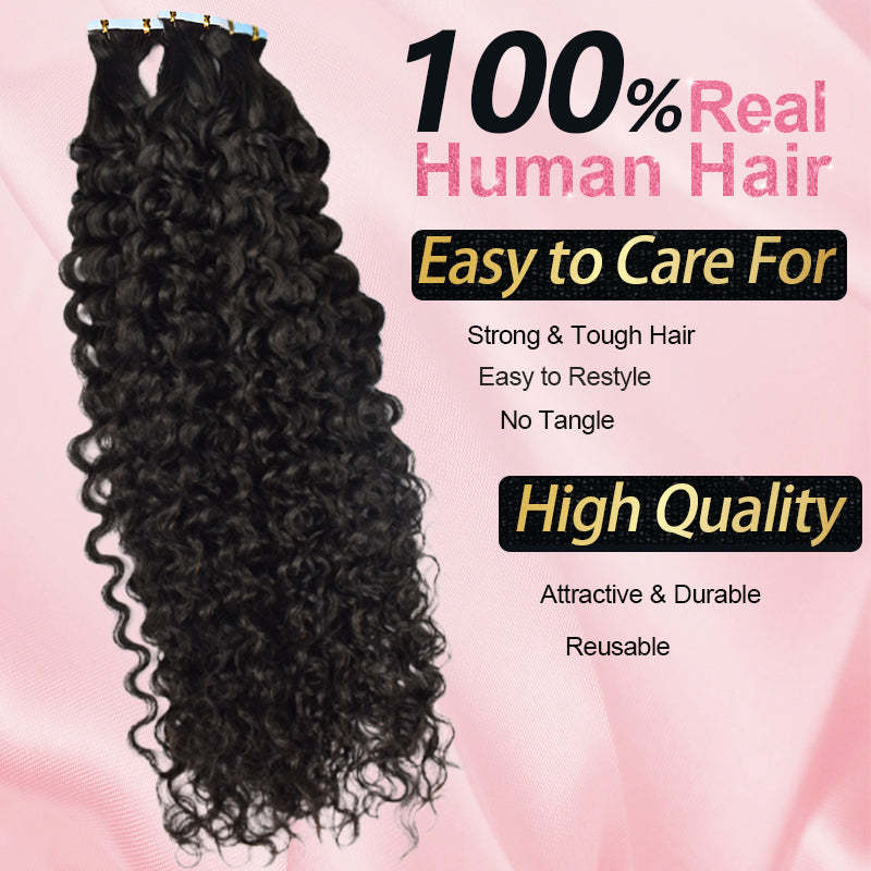#1B Deep Curly Tape in Hair Extensions Human Hair 20pcs 50g/pack Seamless Skin Weft Hair RXHAIR