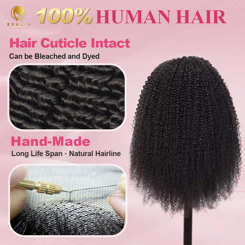 #1B Kinky Curly HD Lace Front Wigs Human Hair 200% Density Transparent Lace Frontal Wigs Pre Plucked With Baby Hair RXHAIR