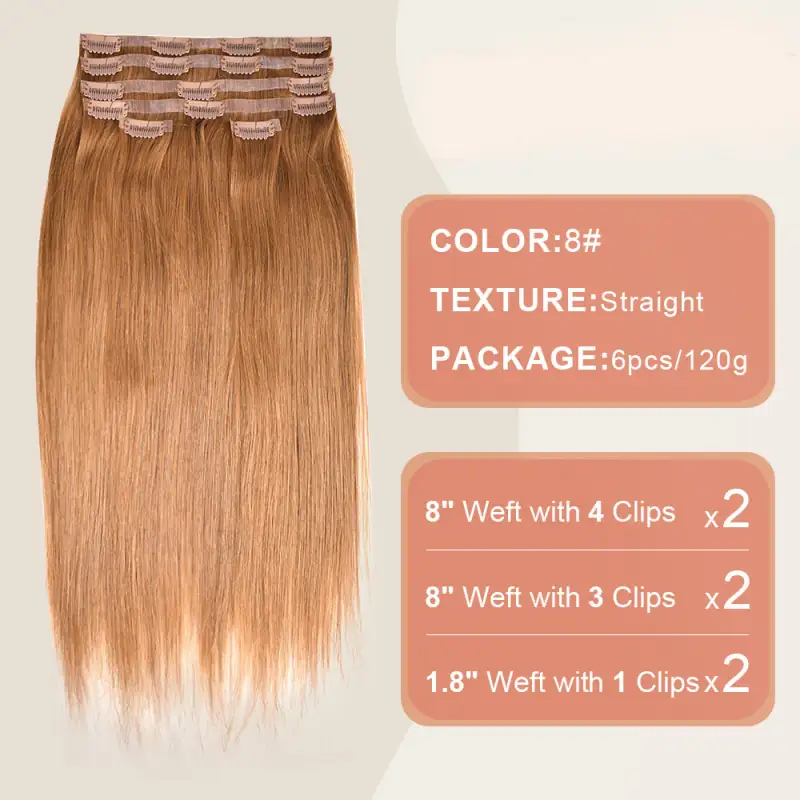 #8 Straight Clip in Hair Extensions Real Human Hair PU Seamless Clip ins 6Pcs 110G RXHAIR