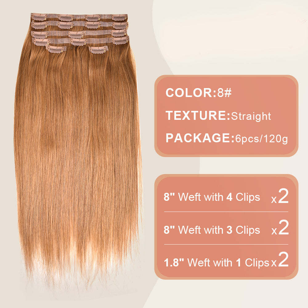 #8 Straight Clip in Hair Extensions Real Human Hair PU Seamless Clip ins 6Pcs 110G RXHAIR