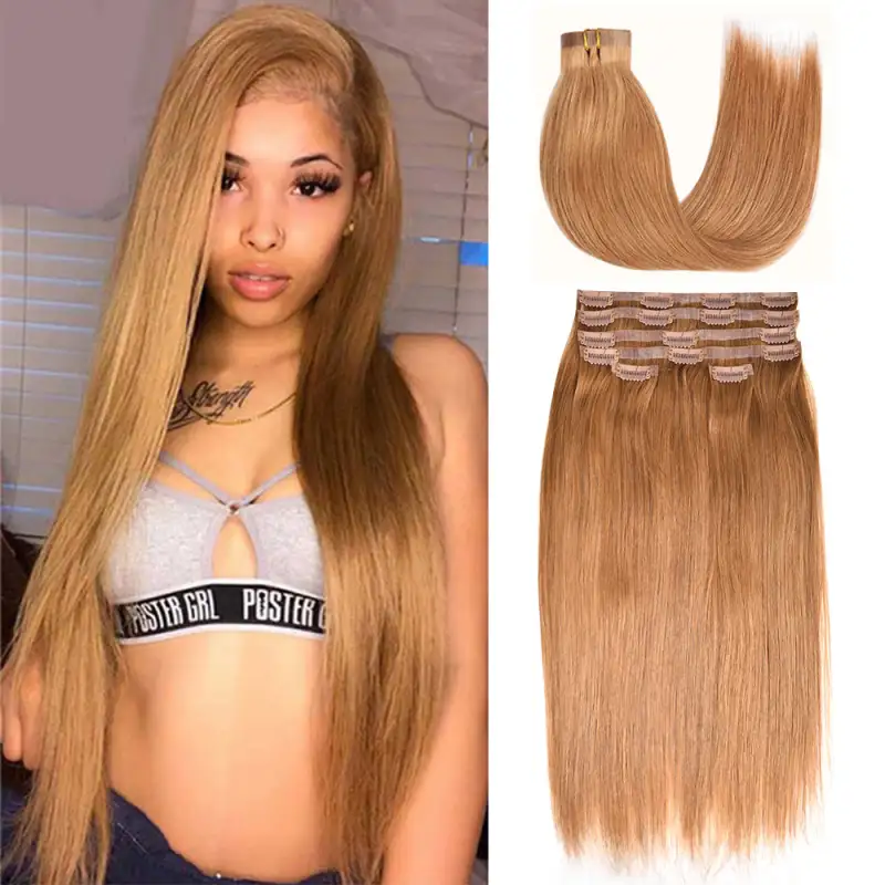 #8 Straight Clip in Hair Extensions Real Human Hair PU Seamless Clip ins 6Pcs 110G RXHAIR
