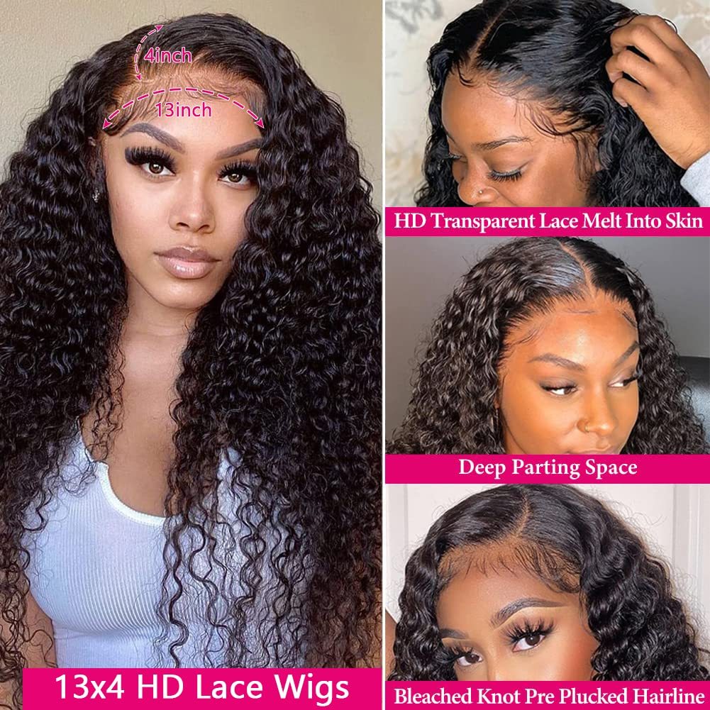 #1B Deep Wave HD Lace Front Wigs Human Hair 200% Density Transparent Lace Frontal Wigs Pre Plucked With Baby Hair RXHAIR