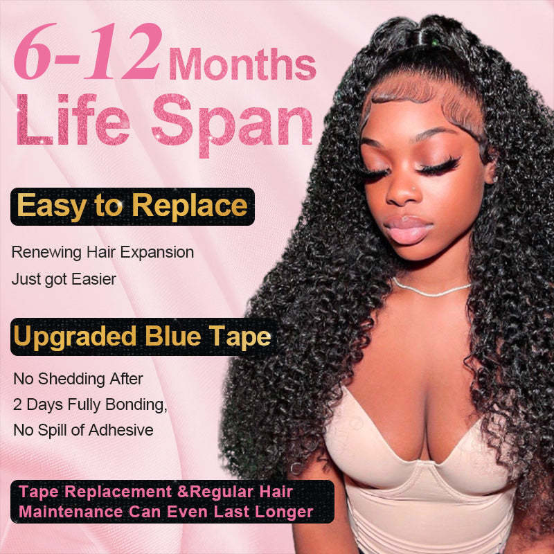 #1B Kinky Curly Tape in Hair Extensions Human Hair 20pcs 50g/pack Seamless Skin Weft Hair RXHAIR