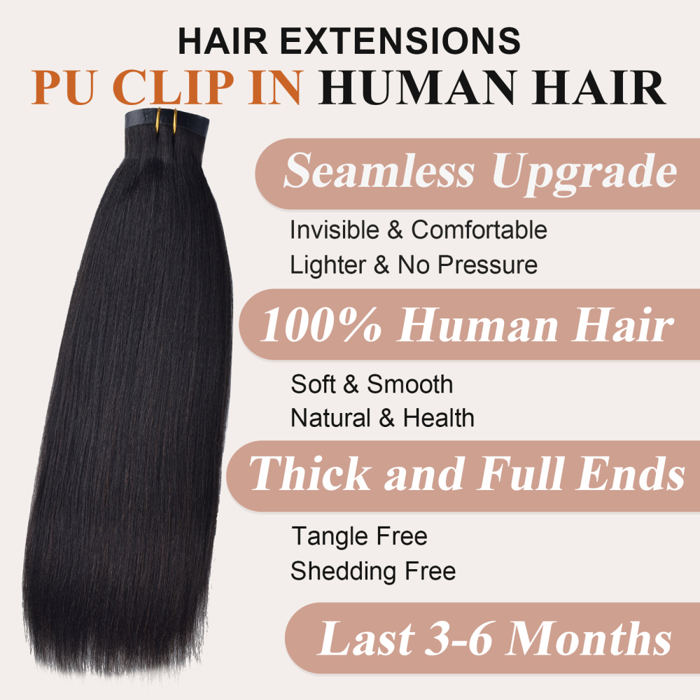 #1B 6Pcs Yaki Straight PU Seamless Clip ins Hair Extensions Real Human Hair 120G RXHAIR