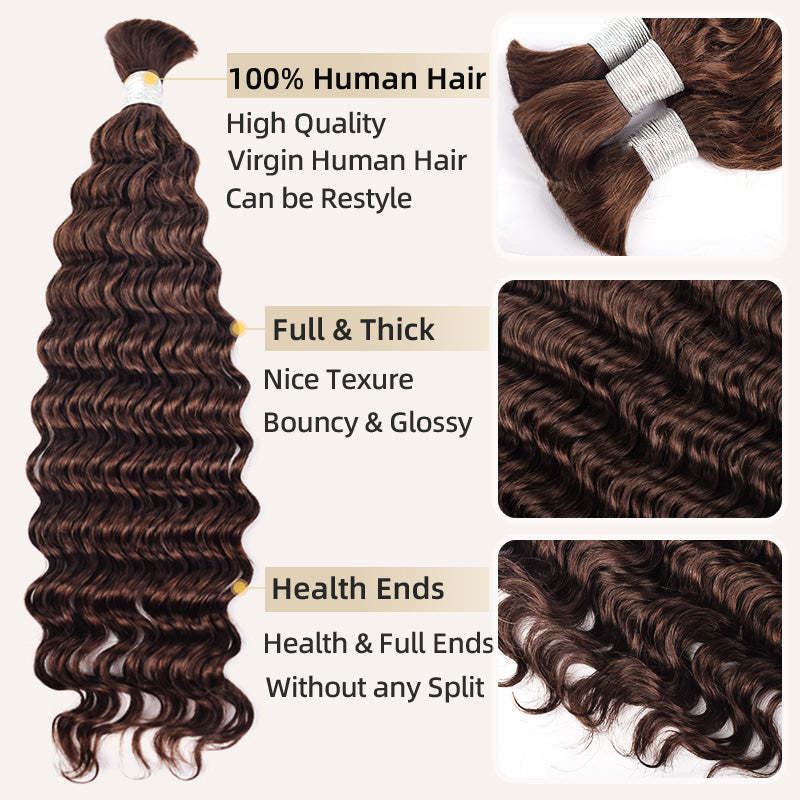 #2 Brown Boho Braids Deep Wave No Weft Bulk Hair for Human Hair RXHAIR