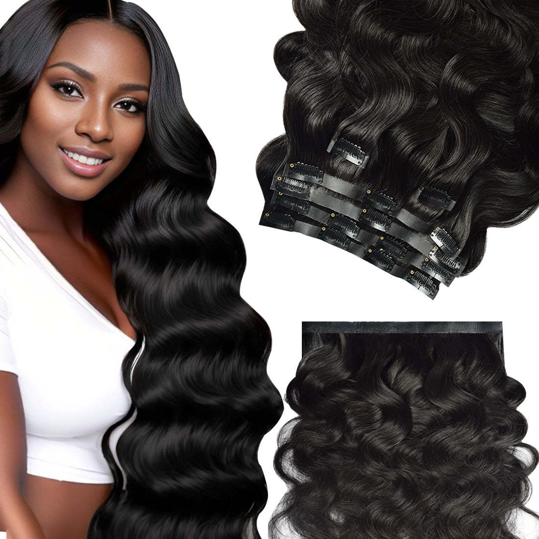 #1B 6Pcs Body Wave Clip in Hair Extensions Real Human Hair PU Seamless Clip ins Natural Black 110G RXHAIR