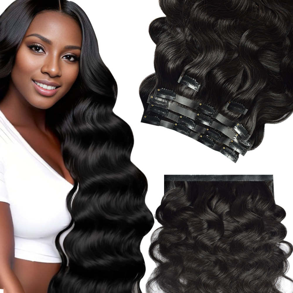#1B 6Pcs Body Wave Clip in Hair Extensions Real Human Hair PU Seamless Clip ins Natural Black 110G RXHAIR