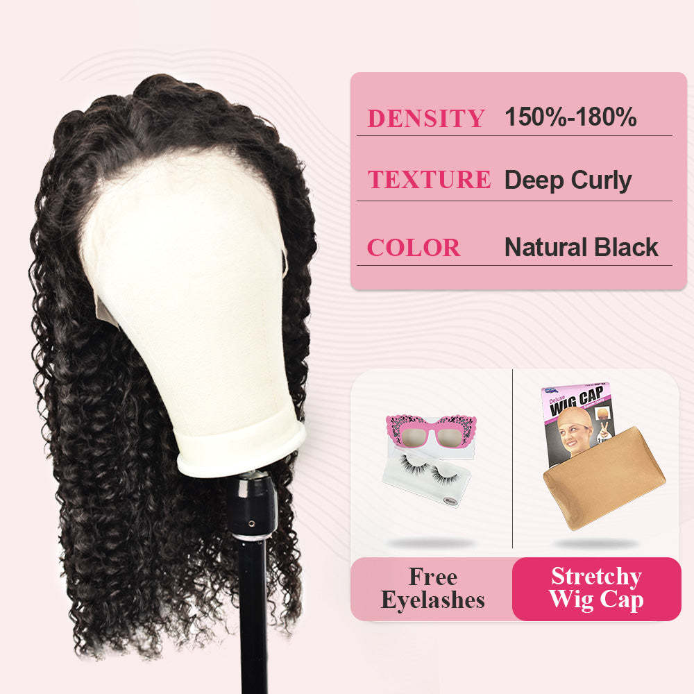 #1B Deep Curly HD Lace Front Wigs Human Hair 200% Density Transparent Lace Frontal Wigs Pre Plucked With Baby Hair RXHAIR