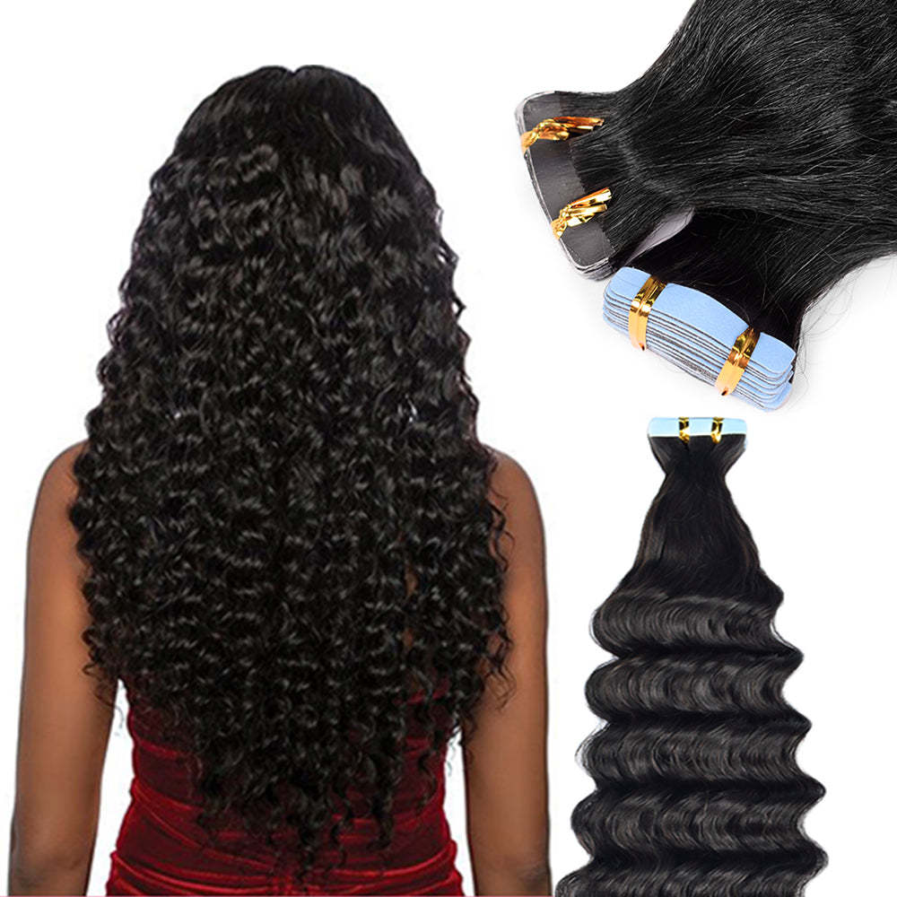 #1B Deep Wave Tape in Hair Extensions Human Hair 20pcs 50g/pack Seamless Skin Weft Hair RXHAIR
